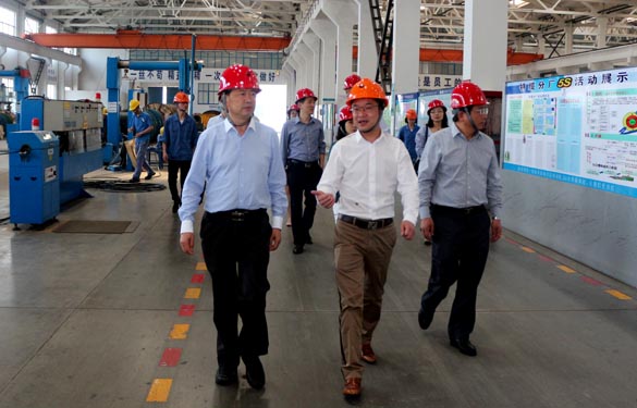 2016年5月6日，江蘇省法制辦主任于愛榮在集團(tuán)總經(jīng)理丁志鴻陪同下參觀生產(chǎn)現(xiàn)場(chǎng)